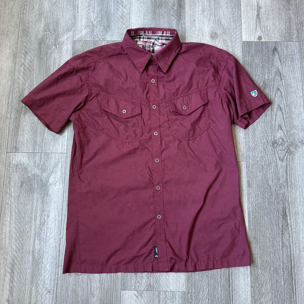 KUHL eluxur burgundy Short Sleeve Button Down Shirt Chest Pockets Men's Small